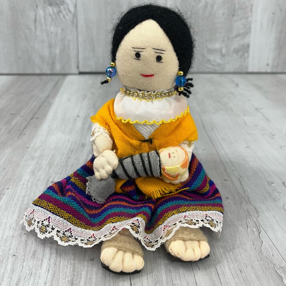 Vintage Folk Art Cloth Doll Embroidered Mother Child Baby 9"